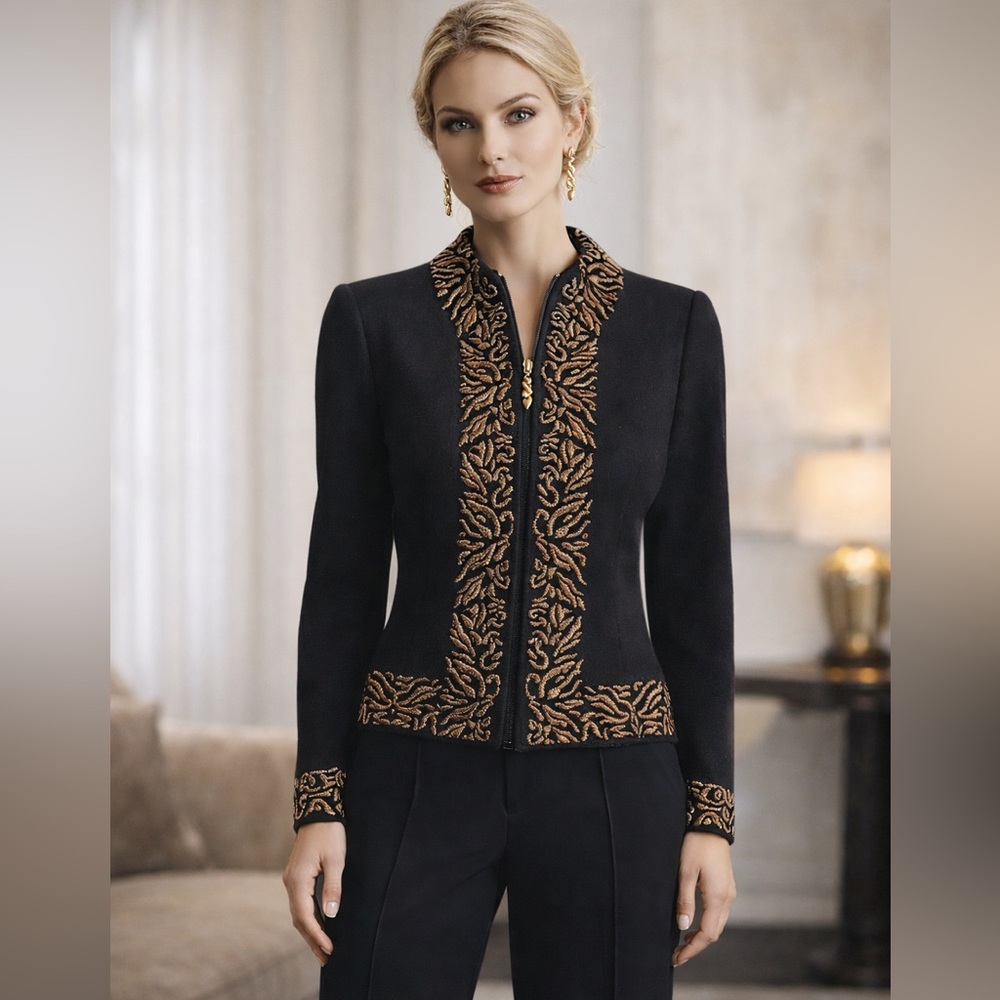 St John Santana Knit Jacket Small FA 2004 Metallic Embroidered Luxe Evening Zip